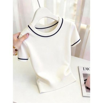 2026夏季新款女士白色短袖T恤小個子短款修身顯瘦撞色氣質上衣服