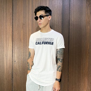 美國百分百【全新真品】Hollister Co. 短袖 T恤 HCO 上衣 logo 圓弧下擺 短T 黑色/白色 I979