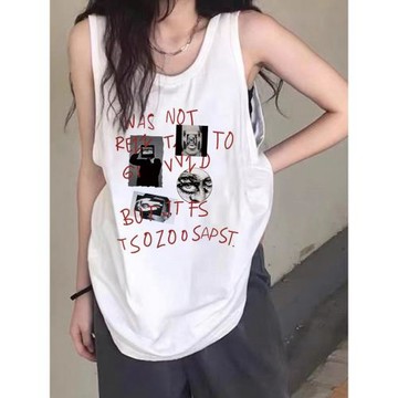 美式街頭復古印花背心2026夏季大碼慵懶風男女款上衣吊帶白色坎肩