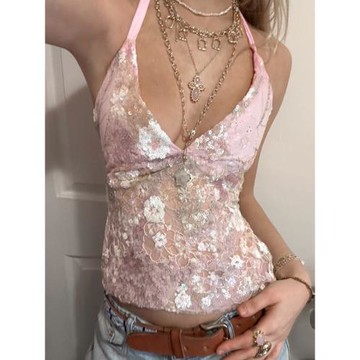 ROCKMORE【漫野繁花】甜美粉色蕾絲亮片拼接掛脖吊帶 V領修身背心