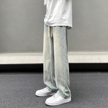 夏季時尚復古男生牛仔褲 正韓牛仔褲男 牛仔褲男 牛仔長褲 森美果美式黃泥染牛仔褲男夏季薄款寬鬆直筒高街vibe風水洗闊腿