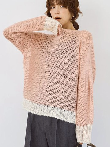 仿馬海毛配色落肩針織圓領上衣(0H000435500) - AMERICAN HOLIC