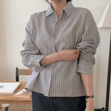 正韓女上衣 條紋長袖短版襯衫OPG1014-創翊韓都