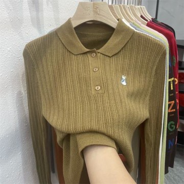 2025秋冬季新款韓版POLO領繡花純色顯瘦打底長袖毛針織衫上衣女潮