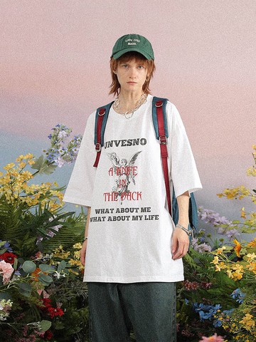 UNVESNO 天使印花玫瑰繡花T恤百搭潮牌情侶夏裝純棉短袖 SWS-1510