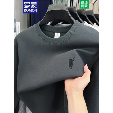 羅蒙圓領男純色棉衛衣長袖t恤男秋冬季加絨加厚套頭上衣打底衫男