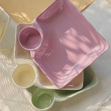 ✨可開發票#8英寸馬卡龍餃子盤陶瓷壽司菜盤帶醋碟炸鷄餐盤多功能水果盤傢用#免運