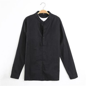 【米蘭精品】亞麻T恤長袖上衣-舒適休閒圓領男裝2色74ew11