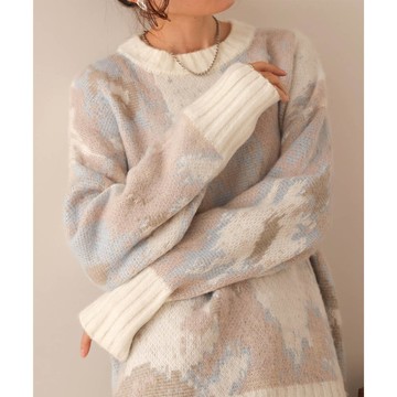 日本 Bab - 水彩暈染風成熟柔美圓領毛衣-米白