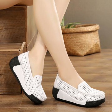 夏季鏤空透氣真皮厚底女鞋松糕底小白鞋單鞋淺口防滑休閑鞋