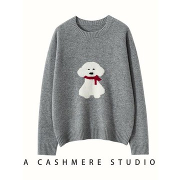 柔軟圖案款新款秋冬小狗山羊絨衫女柔軟加厚提花毛衣寬松針織打底