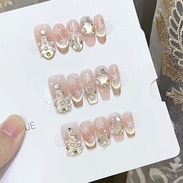 🥰可可新品🥰奈姿 純手工光療穿戴甲金色聖誕批髮成品重複使用美甲貼片可拆卸手工穿戴甲日常穿戴甲新年穿戴甲高級感穿戴甲 YJ