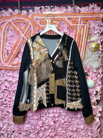 OTT獨一無二•Unique日系手工刺繡印花蕾絲牛仔毛衣Tweed外套