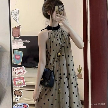 國風潮流 洋裝 女裝 連身裙 長裙 短裙 純慾風 性感 荷葉邊吊帶掛脖連衣裙夏季新款純慾波點寬鬆梨型身材氣質長裙