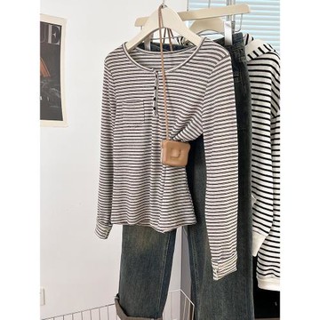 條紋半開領正肩長袖t恤女春秋設計感小眾顯瘦寬松打底衫內搭上衣