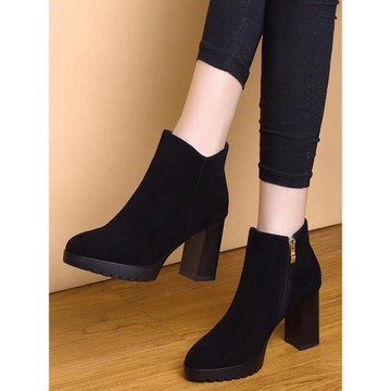 2025新款秋冬季磨砂皮短靴女粗跟防水臺高跟鞋短筒馬丁靴厚底女鞋