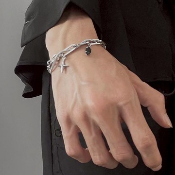 快速出貨▾附電子發票 新款日韓爆款十字星芒黑寶石手鍊 雙層手鍊 蛇骨 拼接手鍊 星星 寶石 小鑽 十字架 嘻哈 小眾設計