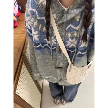 免運-美式複古牛角扣軟糯馬海毛費爾島毛衣外套女秋冬加厚針織外搭開衫
