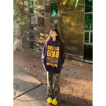 美式復古斑駁字母印花連帽衛衣女春秋設計感寬松oversize情侶外套