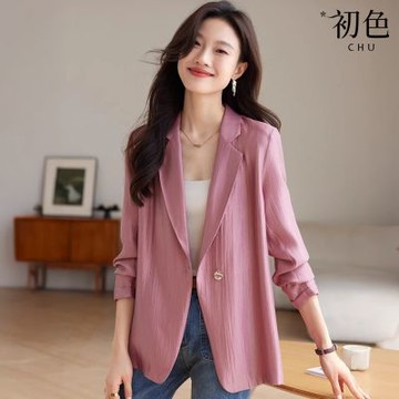 初色 純色簡約寬鬆知性顯瘦西裝領長袖外套女外套-共3色-15793(M-2XL可選)