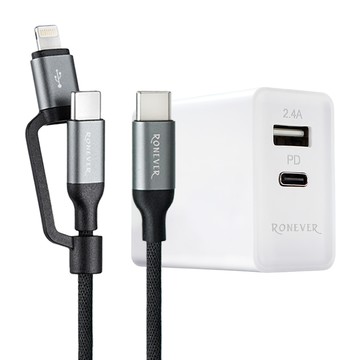 RONEVER PD電源供應器組 C-C + IOS DE019C PD充電器54 x 46 x 27mm 70g + 充電線120cm 28g  白色  1組