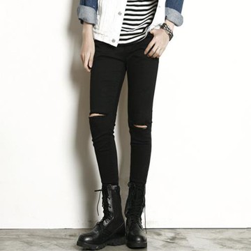 男生高彈力小腳褲子黑色膝蓋破洞 修身牛仔褲 潮男修身乞丐鉛筆褲