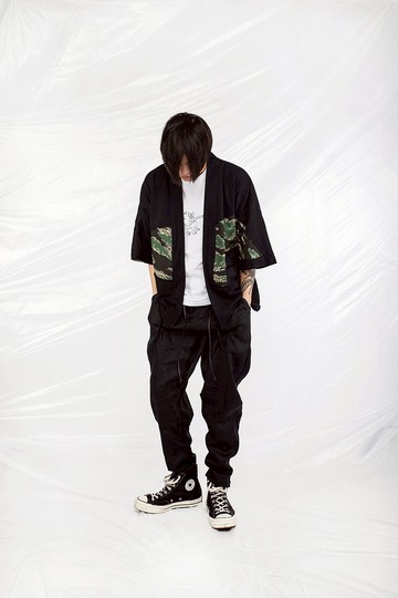 JANWONG19新款毛圈户外华夫格迷彩拼接道袍外套和服KIMONO