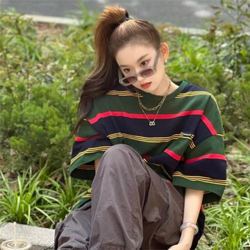 情侶短袖日系復古cityboy重磅條紋t恤夏季潮流寬松五分袖半袖體恤