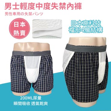 【挪威森林】買一送一男性純棉失禁內褲200CC日本速吸尿用防漏內褲-格紋紳士款(輕中度尿失禁 布尿布 透氣尿褲)