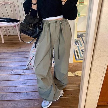 韓國chic春季復古帥氣抽褶系帶高腰百搭純色工裝褲休閑闊腿長褲女
