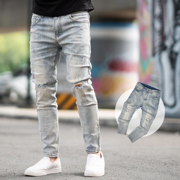 【NB1549J】淺藍刷色小抓破合身版長褲牛仔褲(SS8253-1)