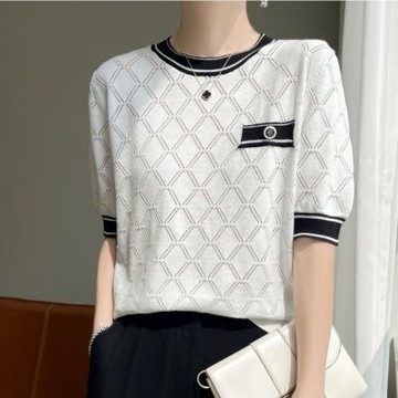 [米蘭精品] 現貨+預購 T恤短袖上衣-圓領菱格鏤空棉麻女裝3色74lc70