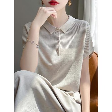 拉夏貝爾短袖t恤女翻領坑條顯瘦大碼女裝夏季薄款冰絲針織衫上衣