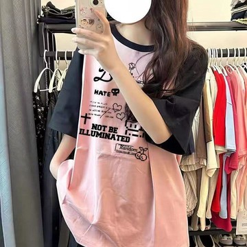 本土出貨  美式複古塗鴉印花短袖t恤女夏季學生寬鬆正肩休閒顯瘦百搭ins上衣 y2k 辣妹 甜酷 6BMS&1 R