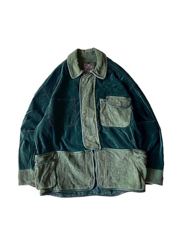 --兩光師古著--蜜桃絨拼接綠色大衣