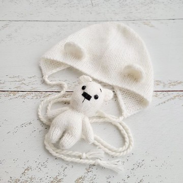 新生兒白熊帽子和毛絨玩具，針織嬰兒拍照道具