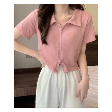 雙拉鏈POLO衫針織短袖開衫外搭短款女秋冬設計感外套翻領高腰上衣