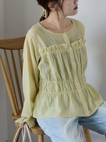 甜美荷葉邊縮褶糖果袖透膚襯衫上衣(0F000483510) - ehka sopo