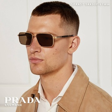 PRADA 雙槓方框太陽眼鏡/金 琥珀 深棕鏡片#SPRA57 5AK90F-61mm