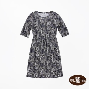 【岱妮蠶絲】柔美親膚純蠶絲42針110G女中腰綁帶七分袖洋裝-XWD4A306G1(千鳥黛)