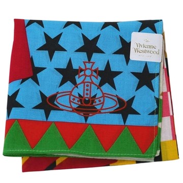 VIVIENNE WESTWOOD 繽紛圖騰行星LOGO圖騰帕領巾(水藍/黑星/橘紅行星/48CM)