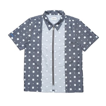 KAIKAI - Breakthrough - 隙線格拉鍊短袖襯衫 - 藍白