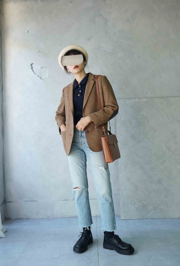 尋寶古著-文藝氣息卡其棕粗呢補丁毛料西裝外套