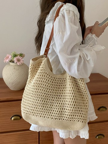 側背 大容量包包女2025新款百搭單肩海邊度假沙灘包編織草編通勤托特包