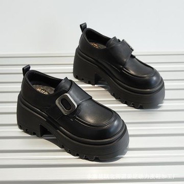 美足動力英倫風厚底小皮鞋女2024新款圓頭百搭增高樂福鞋粗跟單鞋