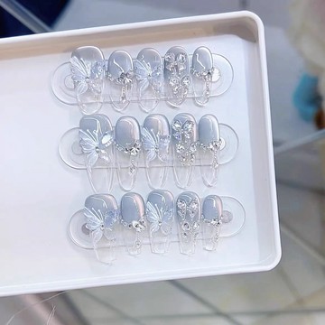 💖台灣出貨💖【蝶夢藍海】純手工藍灰貓眼穿戴甲高級冰透立體蝴蝶貓眼美甲貼片