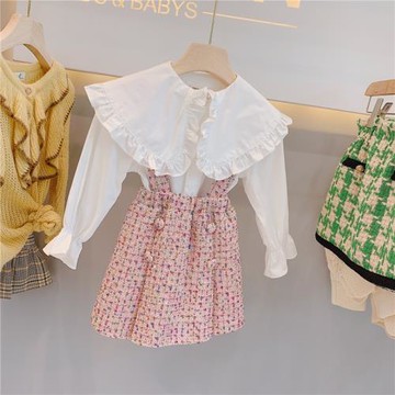 童裝秋季女童荷葉邊娃娃領泡泡袖襯衫小香風雙排扣格子毛呢背帶裙