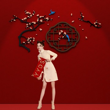 新年春節2022國潮風飯店墻面裝飾網紅打卡背景墻拍照區布置貼紙畫