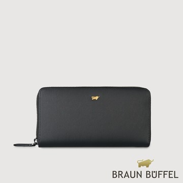 【BRAUN BUFFEL 德國小金牛】台灣總代理 HOMME-M 12卡拉鍊長夾(金色LOGO)-黑色/BF306-TW602-BK