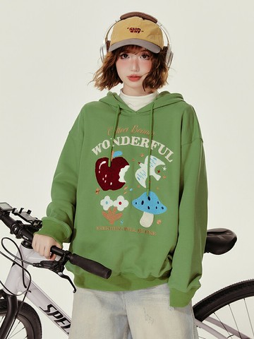 Girlyhalo美式復古綠色連帽衛衣女秋新款毛巾繡加厚寬松套頭上衣鑫弘-素時衣櫥